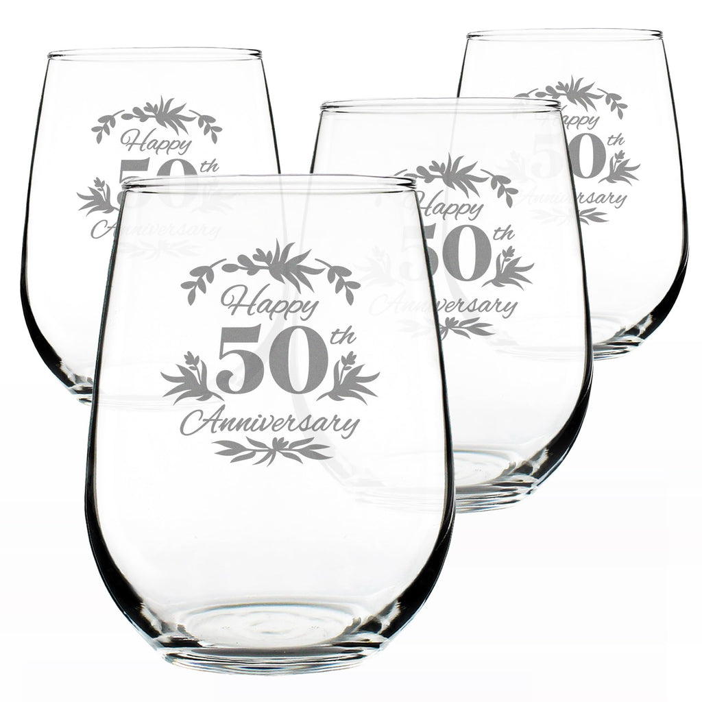Happy 50th Anniversary Stemless Wine Glass - 17 oz - Set of 4