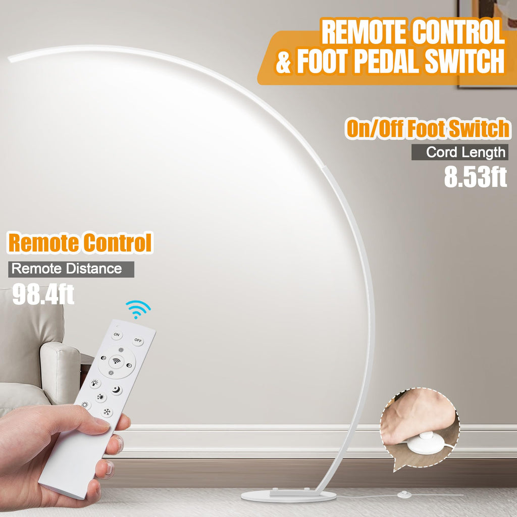 Ultra-Wide Coverage LED Lamps with 3 Color Temperatures, White Dimmable Arc Floor Lamps, Modern Standing Tall