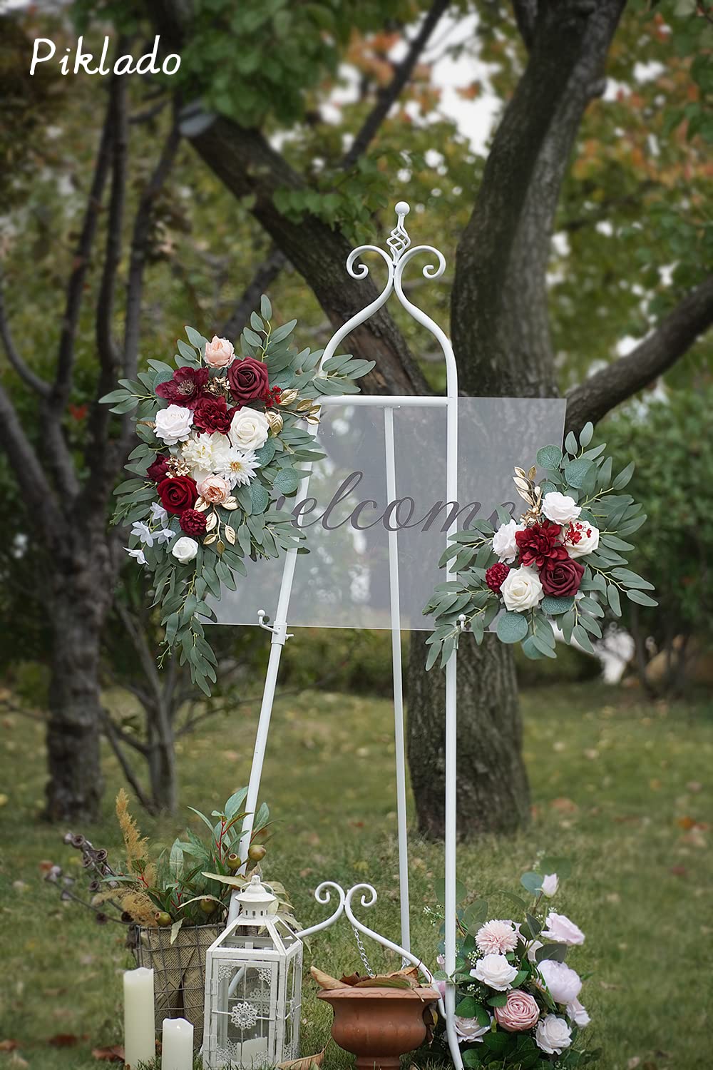 Faux Flower Swag Set of 2 for Wedding Welcome Signs Floral Swag Wedding Reception Ceremony Signs Decor(Burgundy red &
