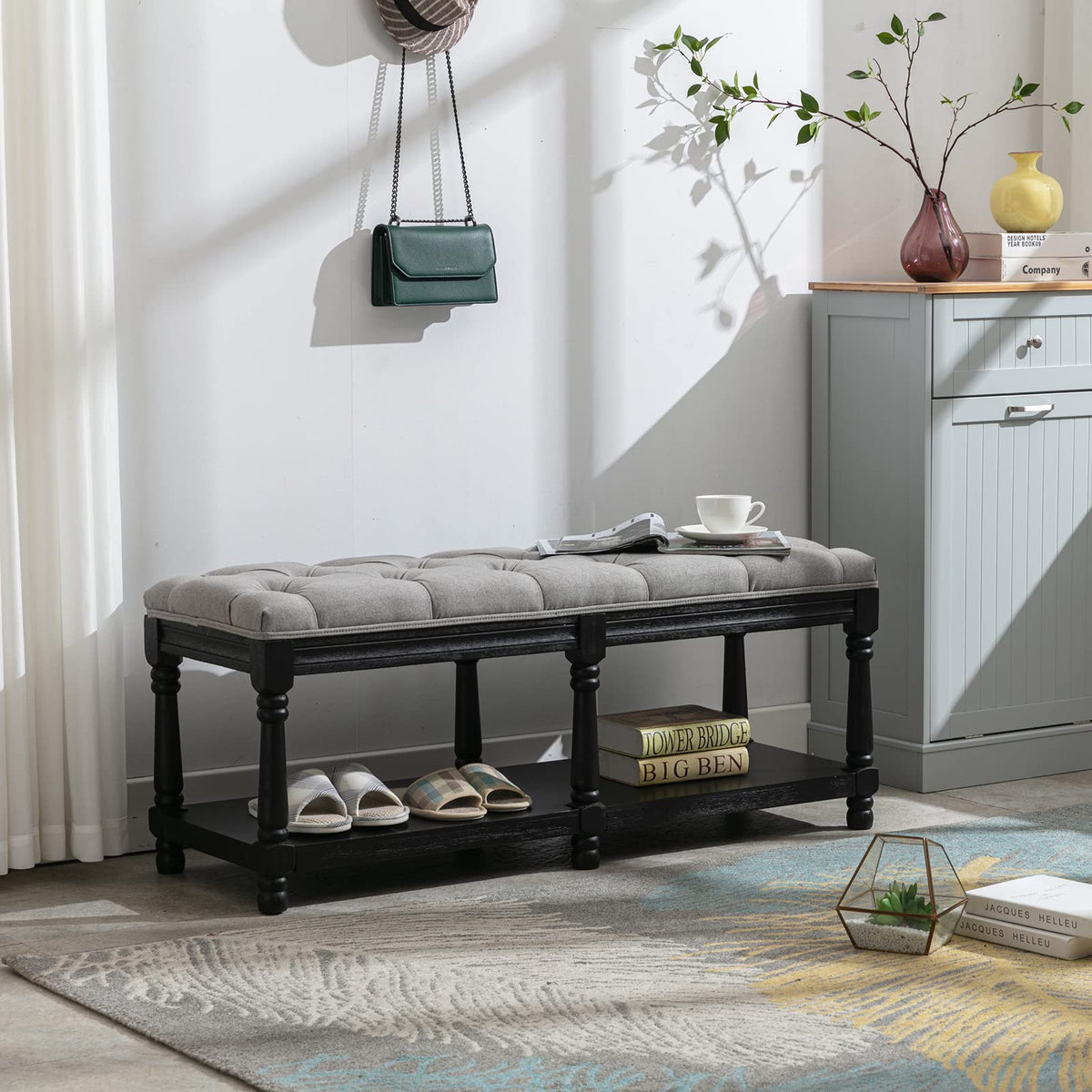 Mid-Century Tufted Storage Bench with Shelf, Linen Upholstered Farmhouse Entryway Shoe Bench Ottoman Bed End Stool