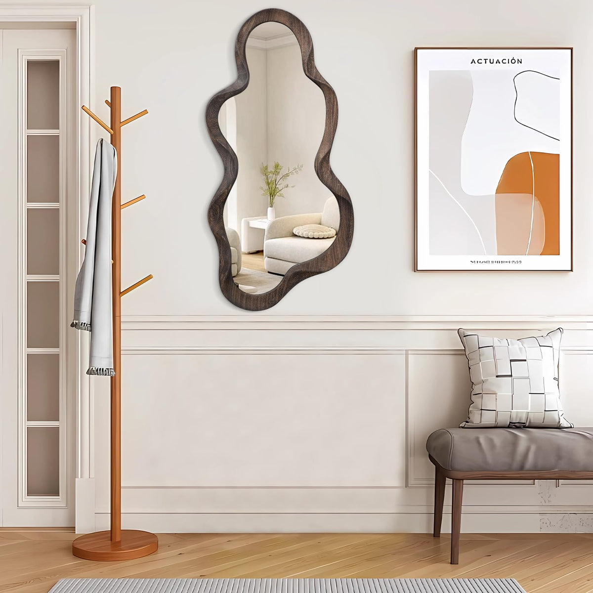 Large Asymmetrical Mirror, Wall Wood Frame Irregular Cloud Wavy Mirror