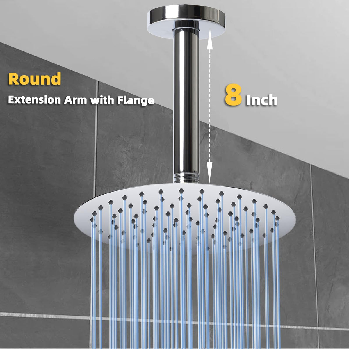 8 Inch Shower Arm with Flange, Ceiling Mounted Shower Head Extension Arm, 1/2 NPT Straight Arm for Rain Shower Head