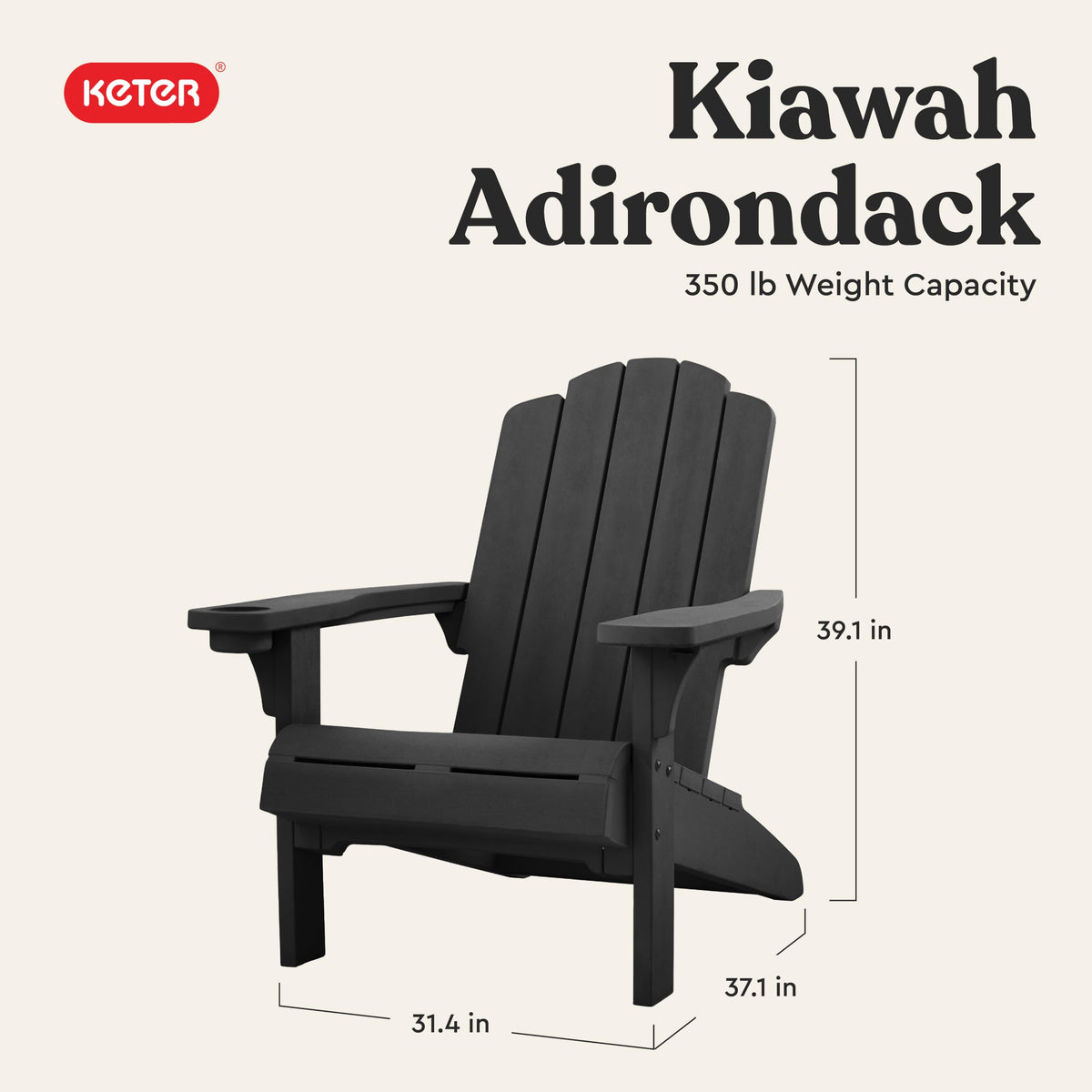 Kiawah Adirondack Chair, Weather‐Resistant Resin Outdoor Patio Chair, Ergonomic Design, All‐Weather Seating for