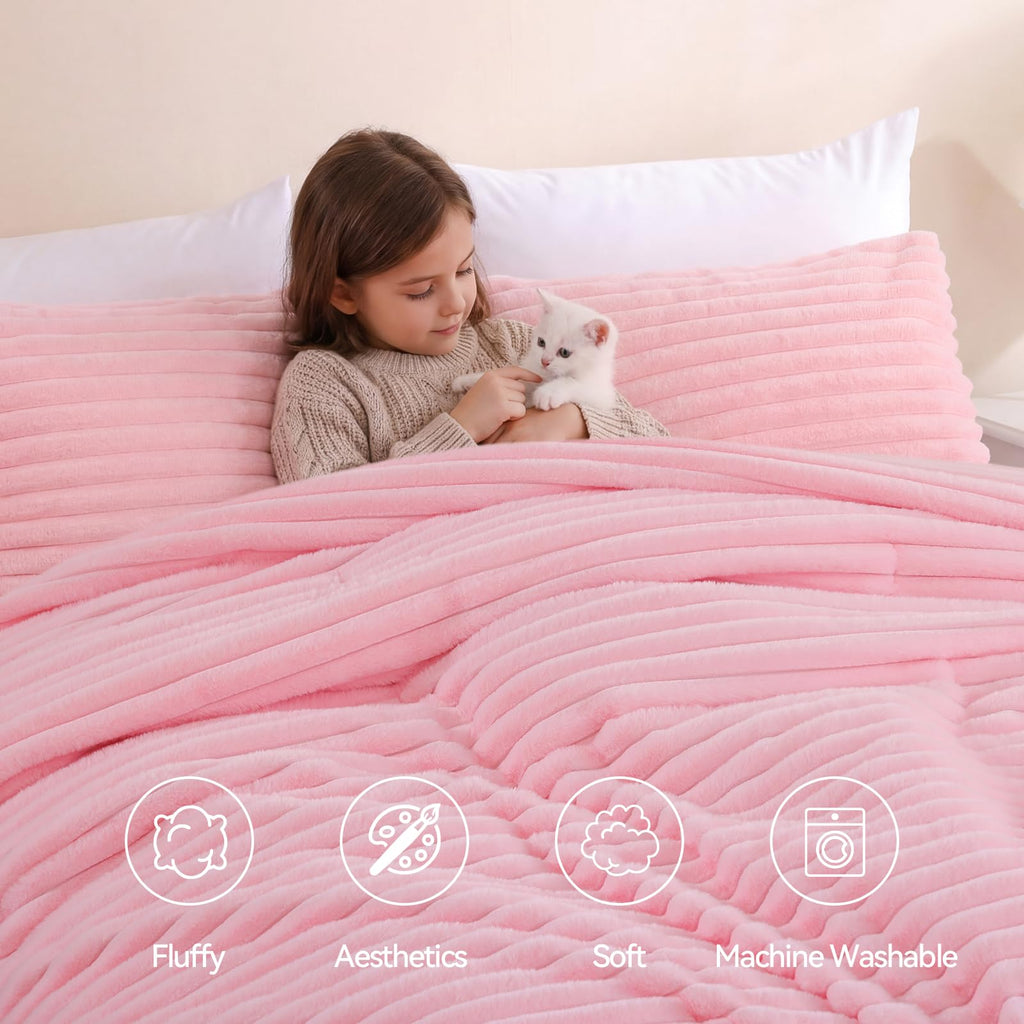 Fluffy Comforter Sets, 3 Pieces Soft Faux Fur Bed Set, Pink