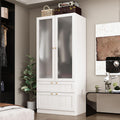 Modern Wardrobe with Drawers, Bedroom Armoires with Frosted Glass Doors and Hanging Rod, Armoire Wardrobe Closet with