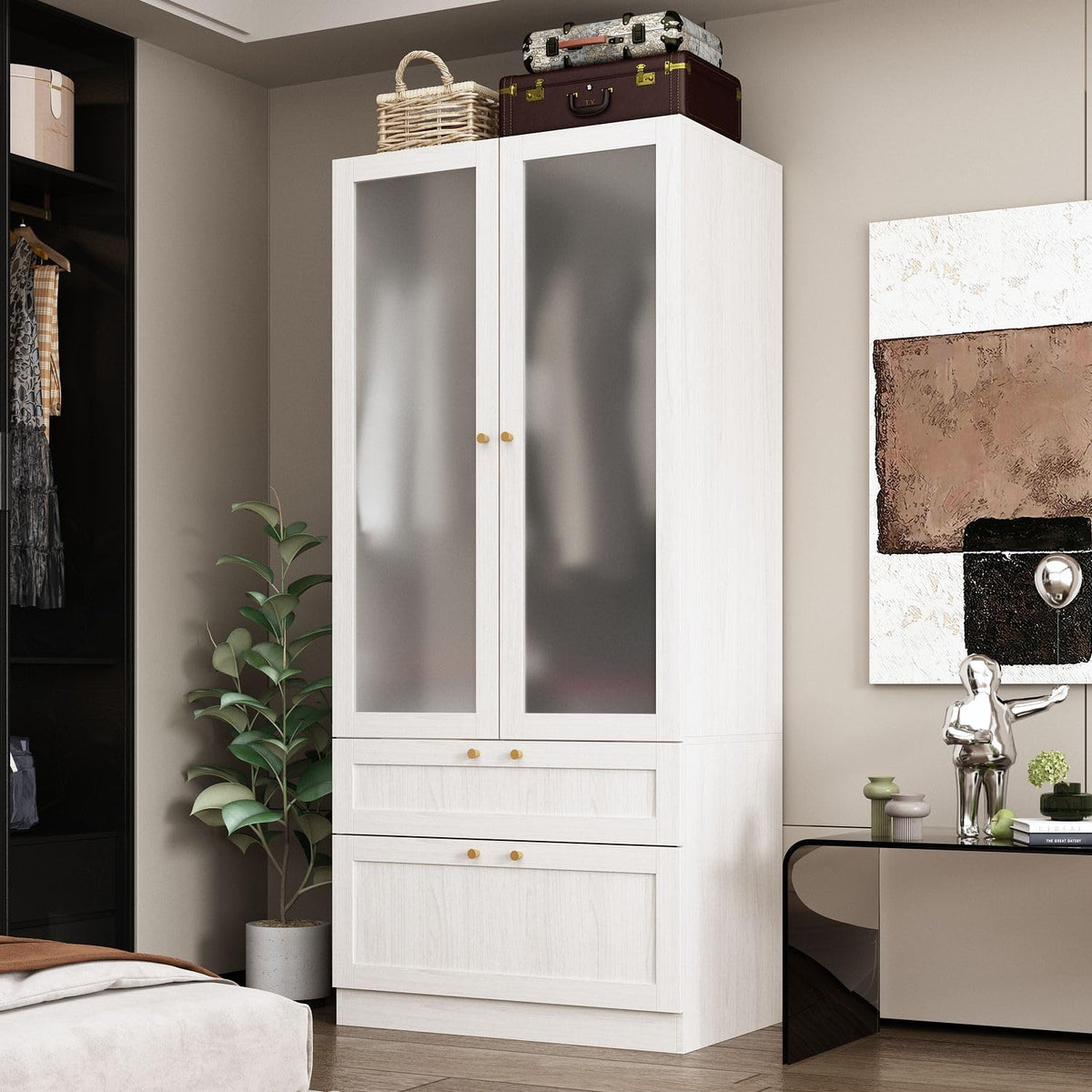Modern Wardrobe with Drawers, Bedroom Armoires with Frosted Glass Doors and Hanging Rod, Armoire Wardrobe Closet with