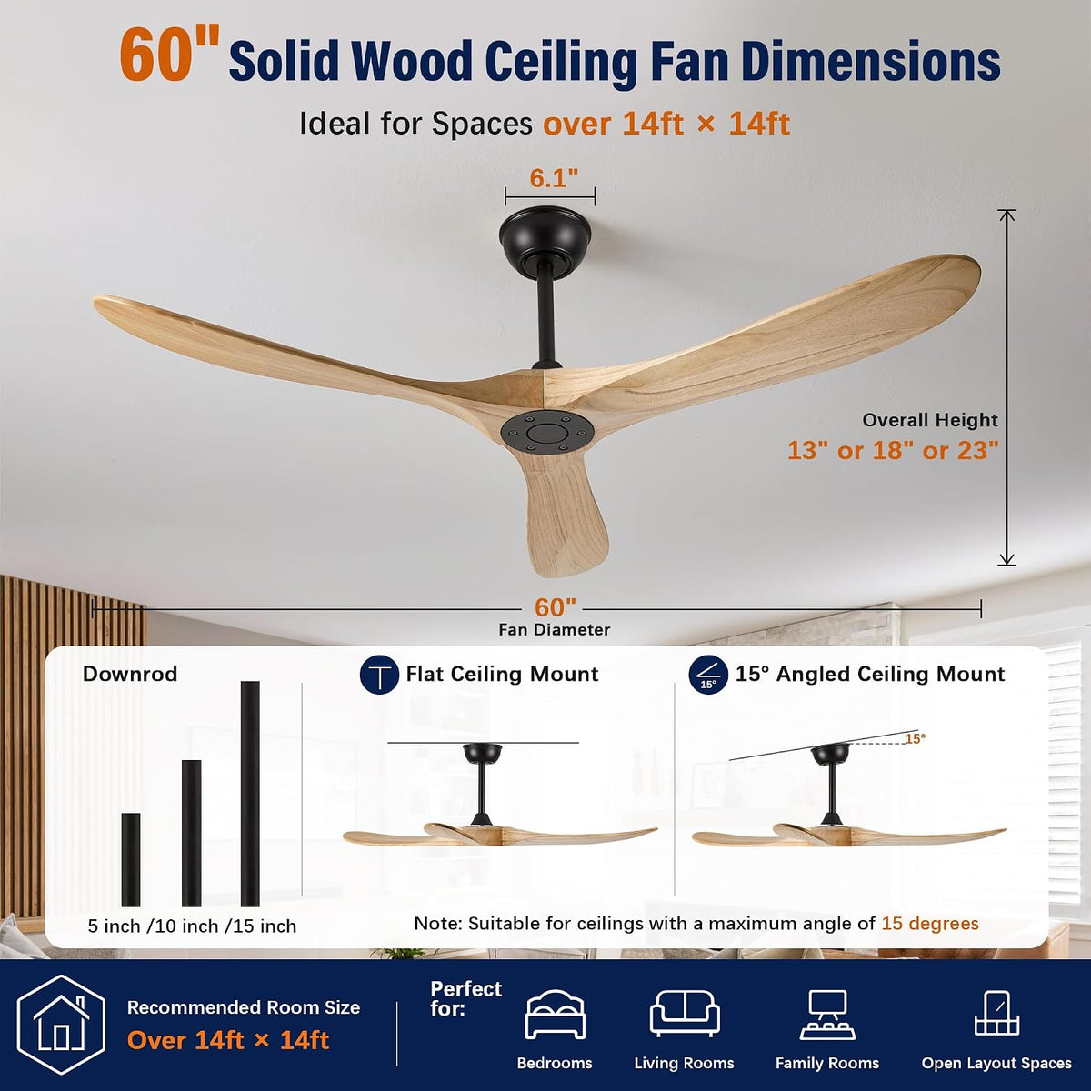 Inspired Maverick Style 60" Ceiling Fan No Light, 3 Solid Wood Blades, Matte Black Motor, Quiet Reversible DC Motor with Remote Control