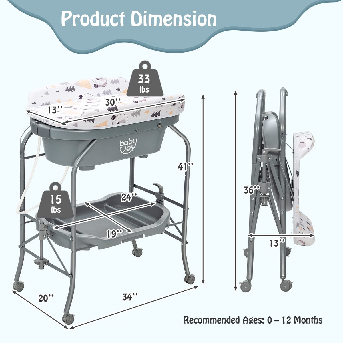 JOY Baby Bathtub with Changing Table, Foldable Infant Diaper Changing Station with Storage Tray, Waterproof Pad