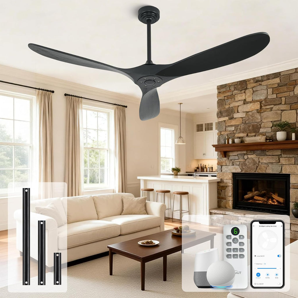 60" Wood Outdoor Smart Ceiling Fan with Remote, No Light