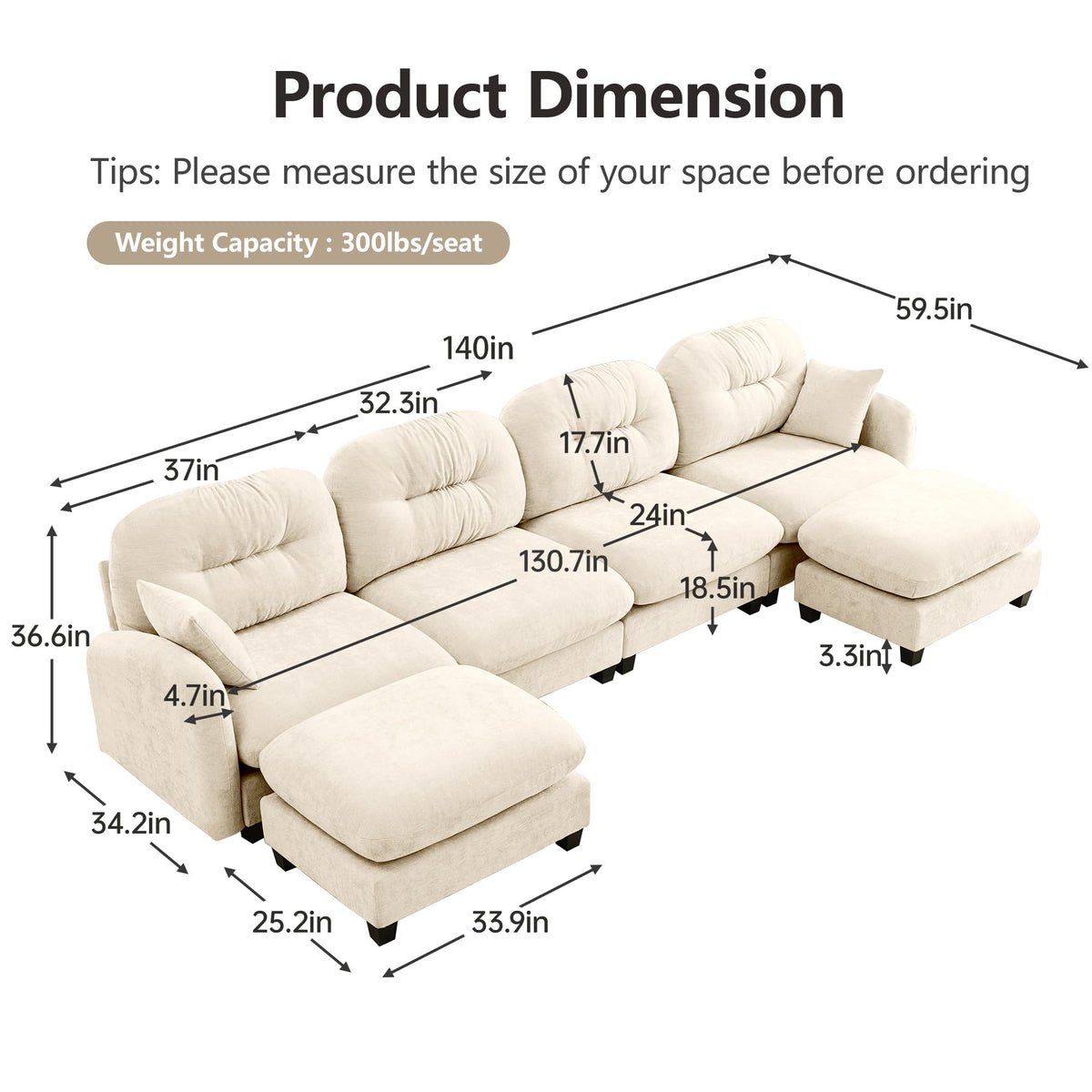 Cloud Couches, Modular Sectional Sofa, 140" U-Shape Beige