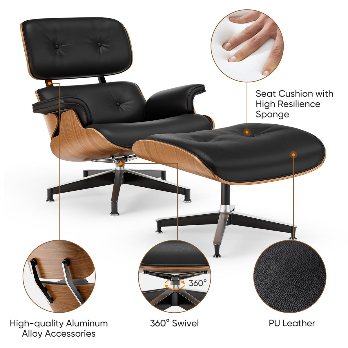 Inspired Eames Style Mid Century Modern Top PU Leather Chaise Lounge Chair & Ottoman