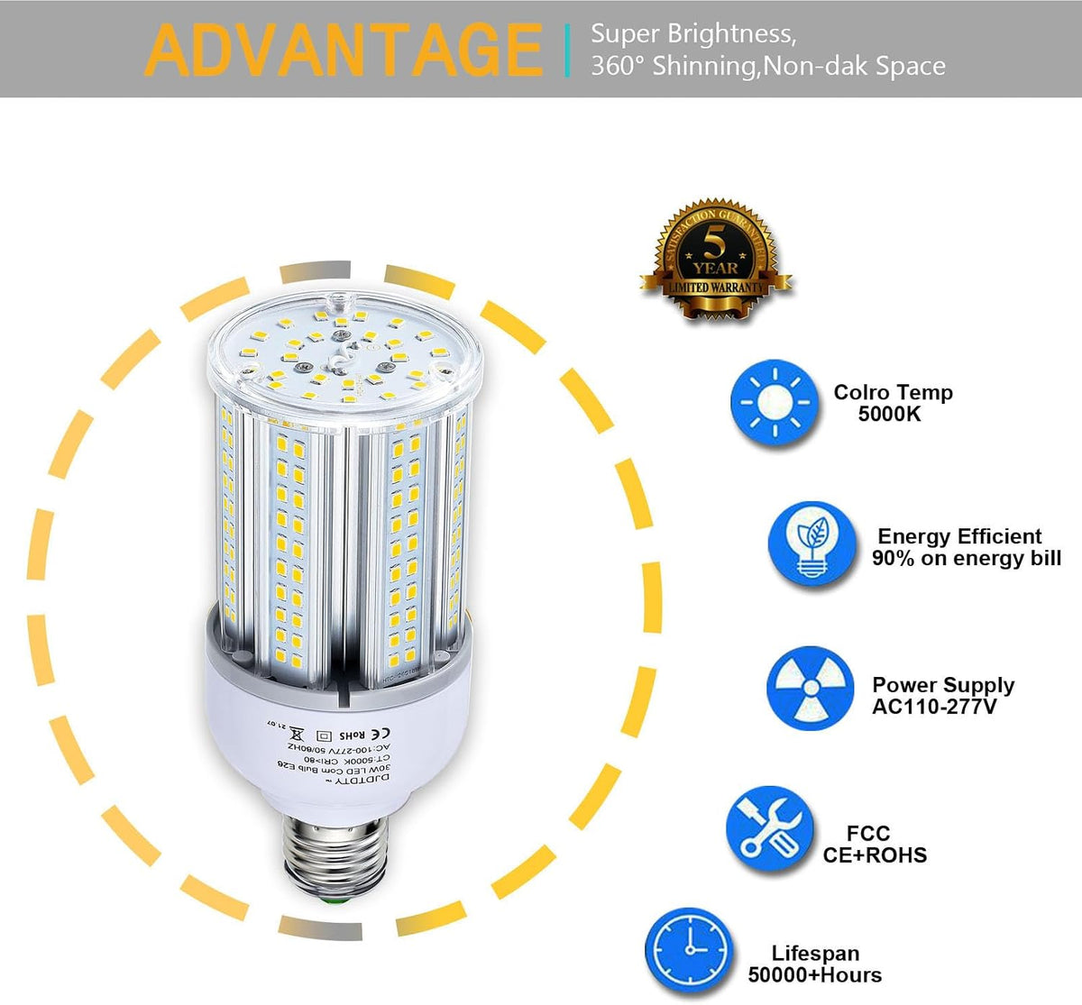 300W Equivalent LED Corn Light Bulb 5000 Lumen 5000K 30W Large Area Cool Daylight White E26/E27 Medium Base