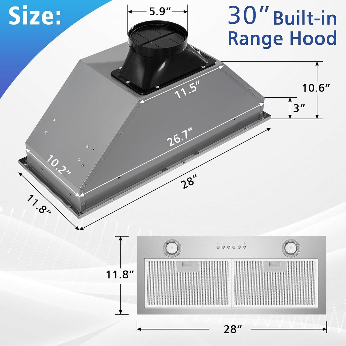30 Inch Stainless Steel Range Hood Insert 500 CFM 4 Speed LED Lights Dishwasher-Safe Baffle Filters