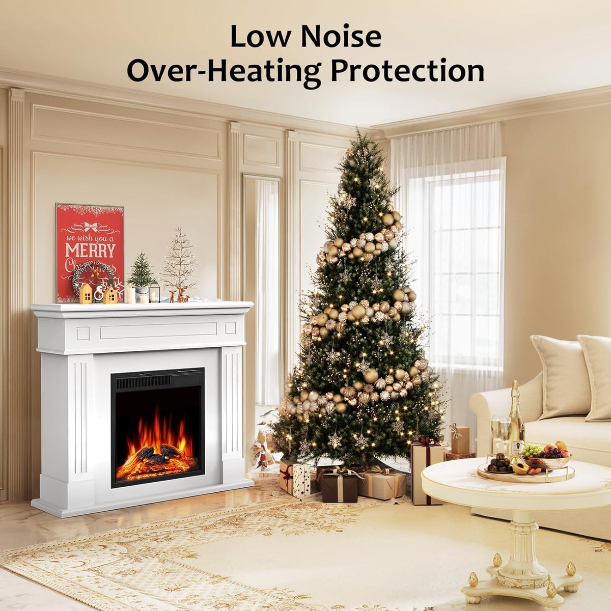 43. 39" Fireplace TV Stand with Mantel - Electric Fireplace Heater, Wooden Entertainment Center, Adjustable LED Flame