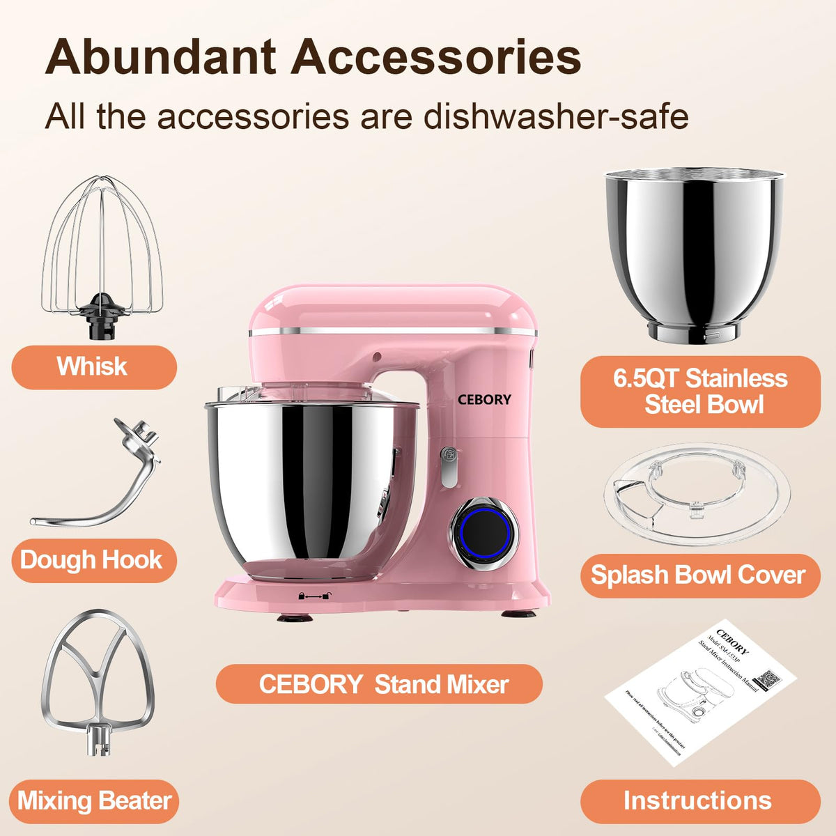 3-IN-1 Electric Stand Mixer, 6.5QT Bowl 660W 10-Speed Kitchen Mixer, Household Food Mixers include Dough Hook, Beater