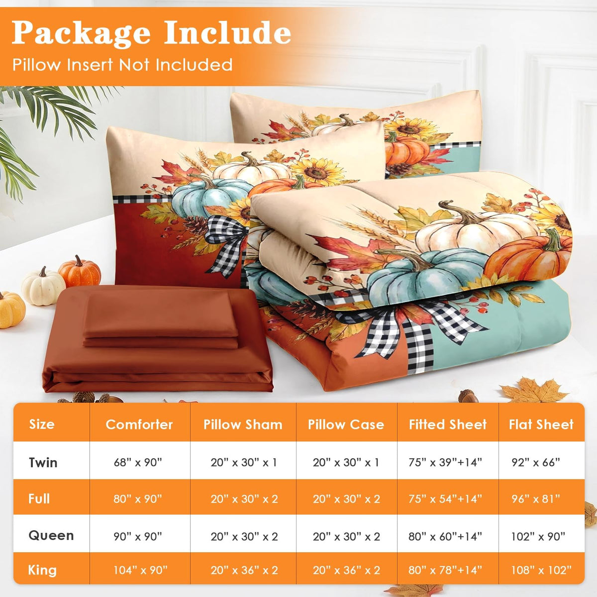 7 Pcs Fall Comforter Set, Farmhouse Pumpkin Autumn Bedding