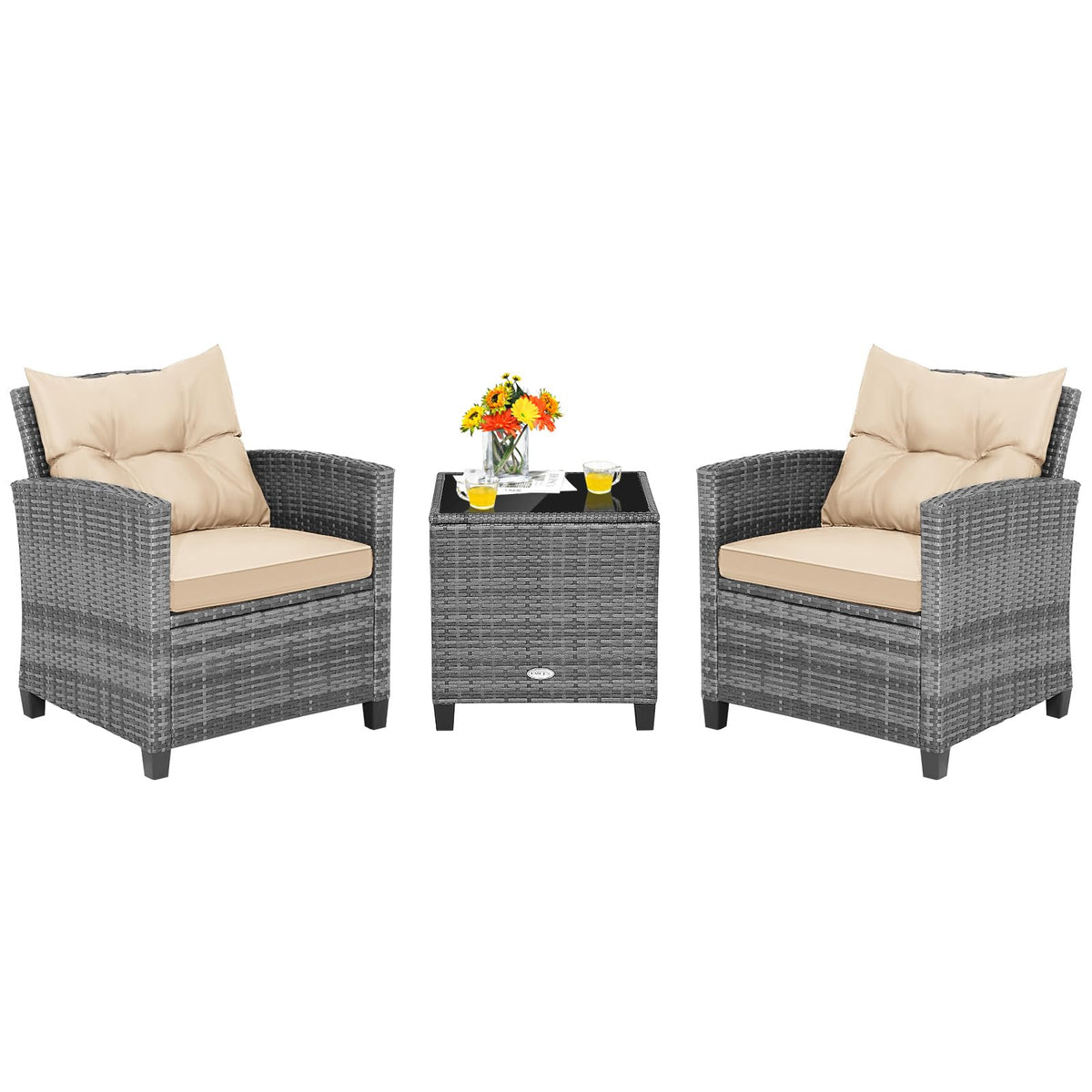 3 Pieces Wicker Patio Furniture Set, Outdoor Rattan Conversation Cushioned Chair Set with Tempered Glass Side Table