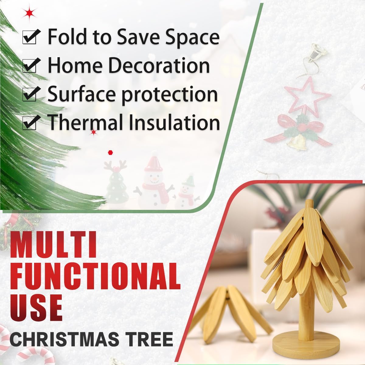 Wooden Trivet Tree Set for Hot Dishes, 100% Natural Wood Trivets, Expandable Design Coasters, Foldable Tree-Sharped - Set of 4