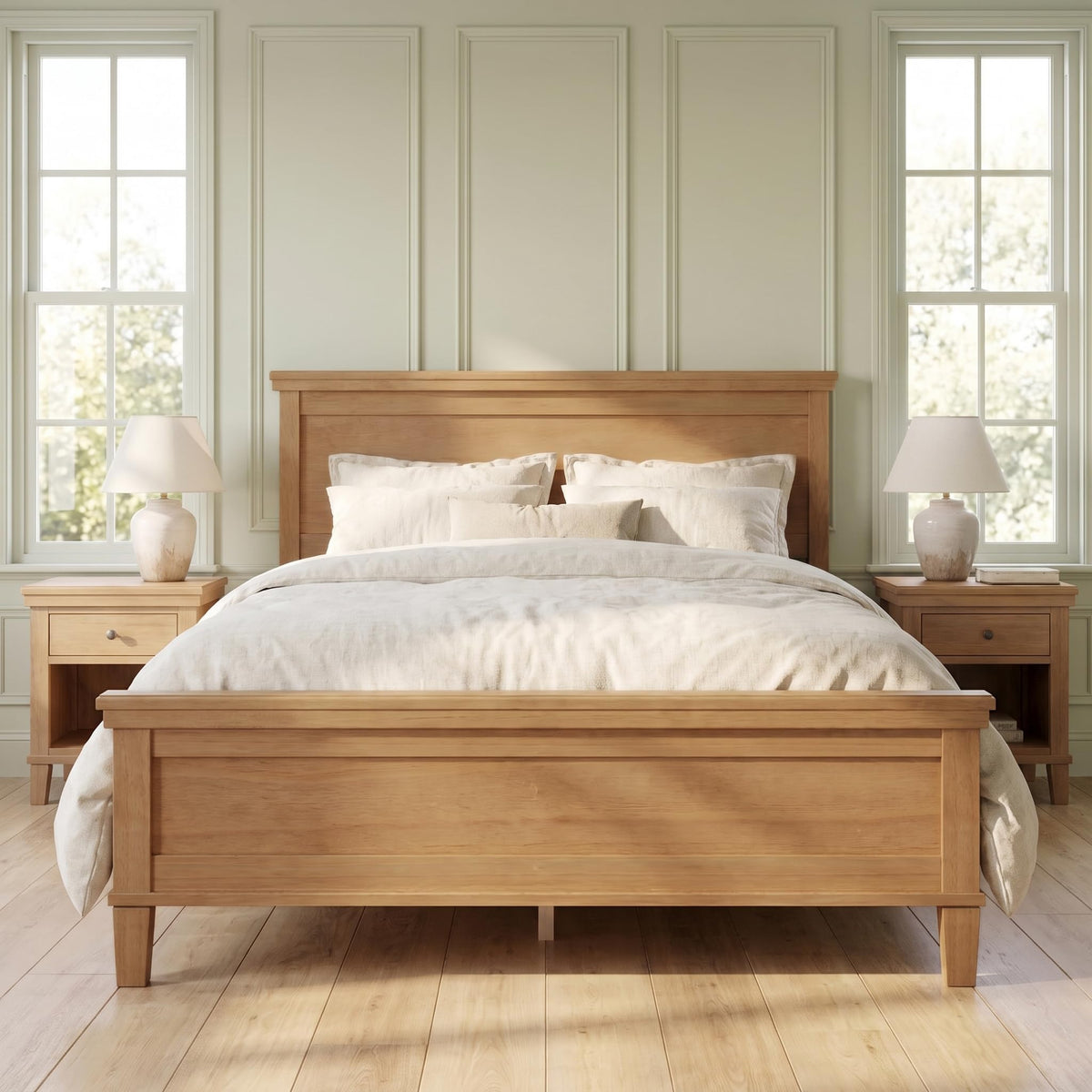 Wood Platform Bed Frame with Headboard, Farmhouse Style
