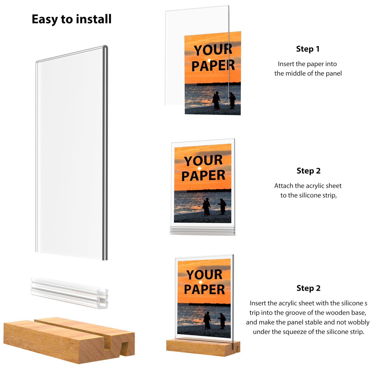 Acrylic Sign Holder with Wood Base 8.5x11 Inch Vertical and Slant Displays (5 Pack 8.5*11")