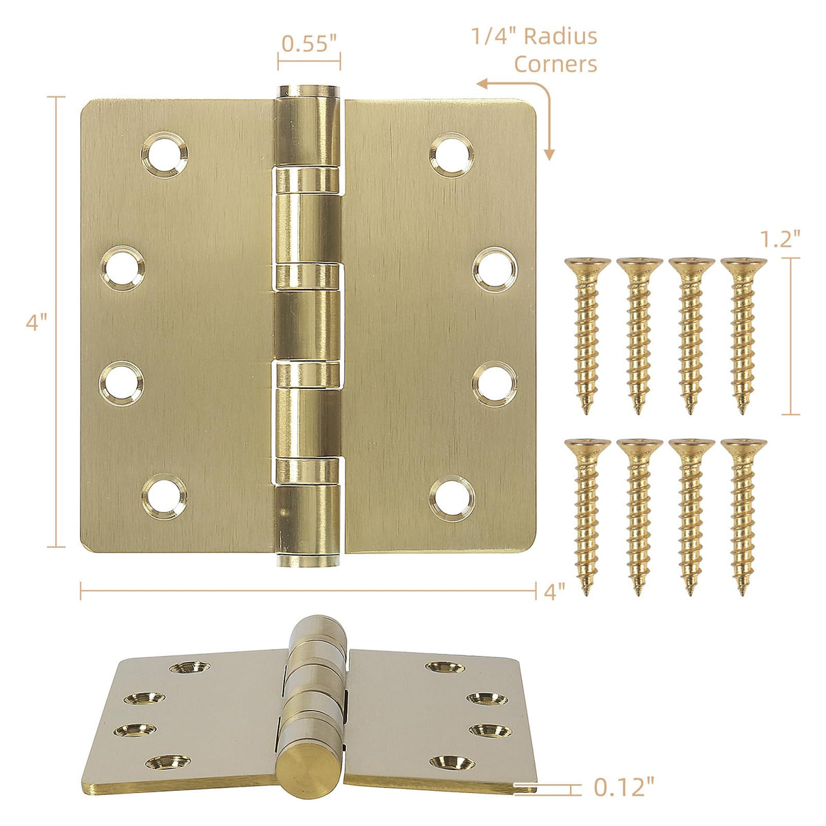 6 Pack Gold Ball Bearing Door Hinges, 4.0 x 4.0 Inches Heavy-Duty Stainless Steel Door Hinges for Exterior & Interior
