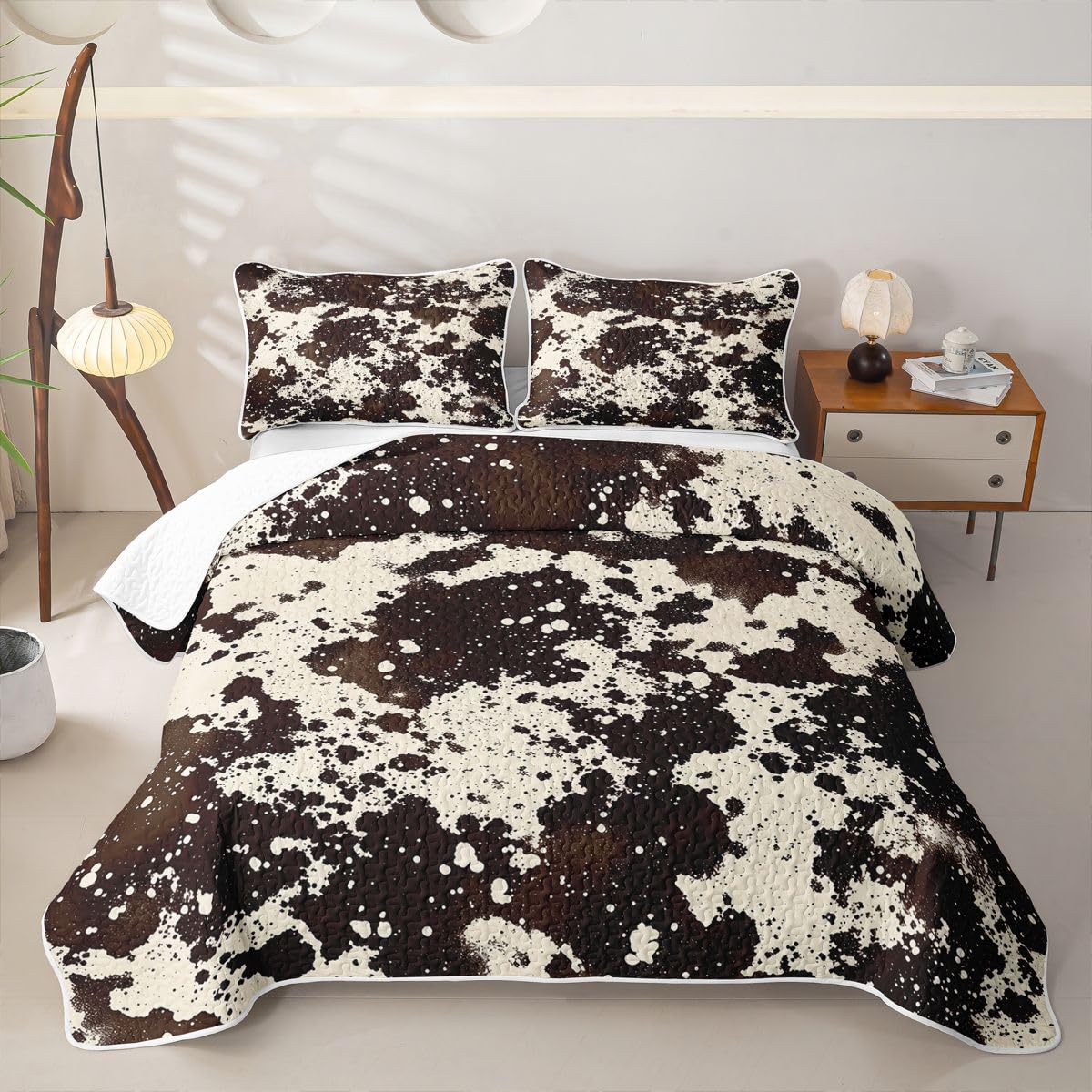 Brown Cowhide Print Quilt Bedding Set Simulated Cow Fur Print Lightweight Quilt Set Rustic Farmhouse Coverlet