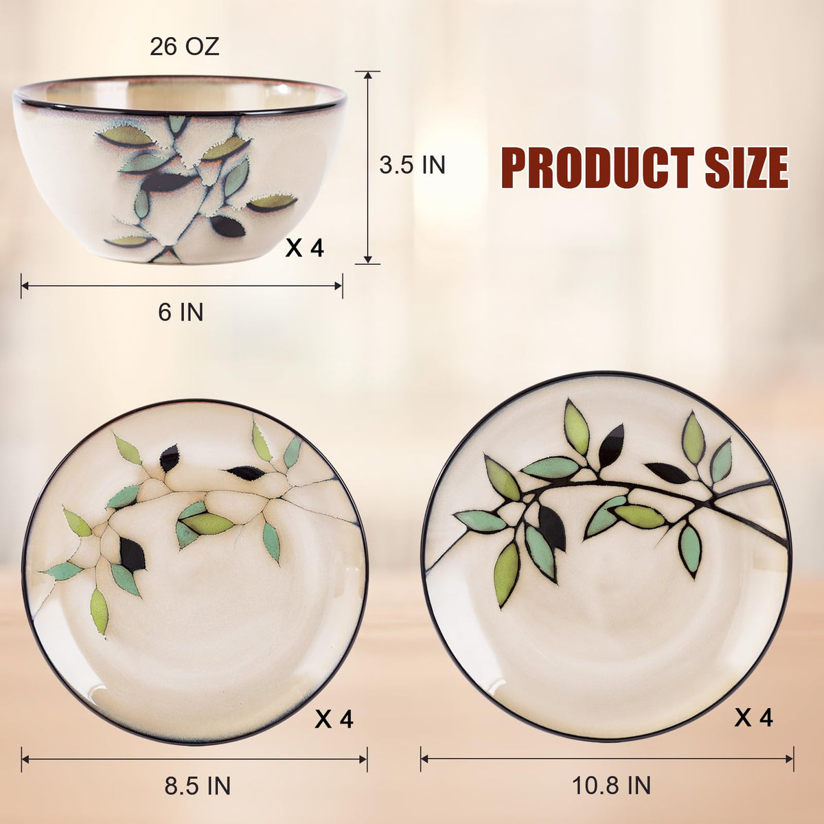 Bamboo Leaf Ceramic Dinner Plates Set of 12, Porcelain Dinnerware for Steak/Salad/Pasta/Dessert, Perfect , Party