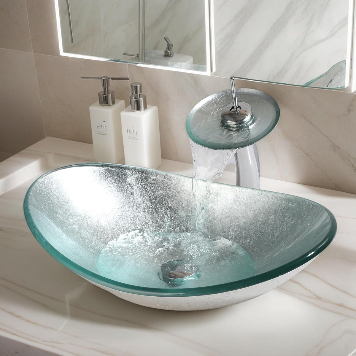 Oval Glass Vessel Sink with Faucet and Pop-Up Drain 22x14 Inch Silver Tempered Glass Bathroom Washbasin Boat Shape