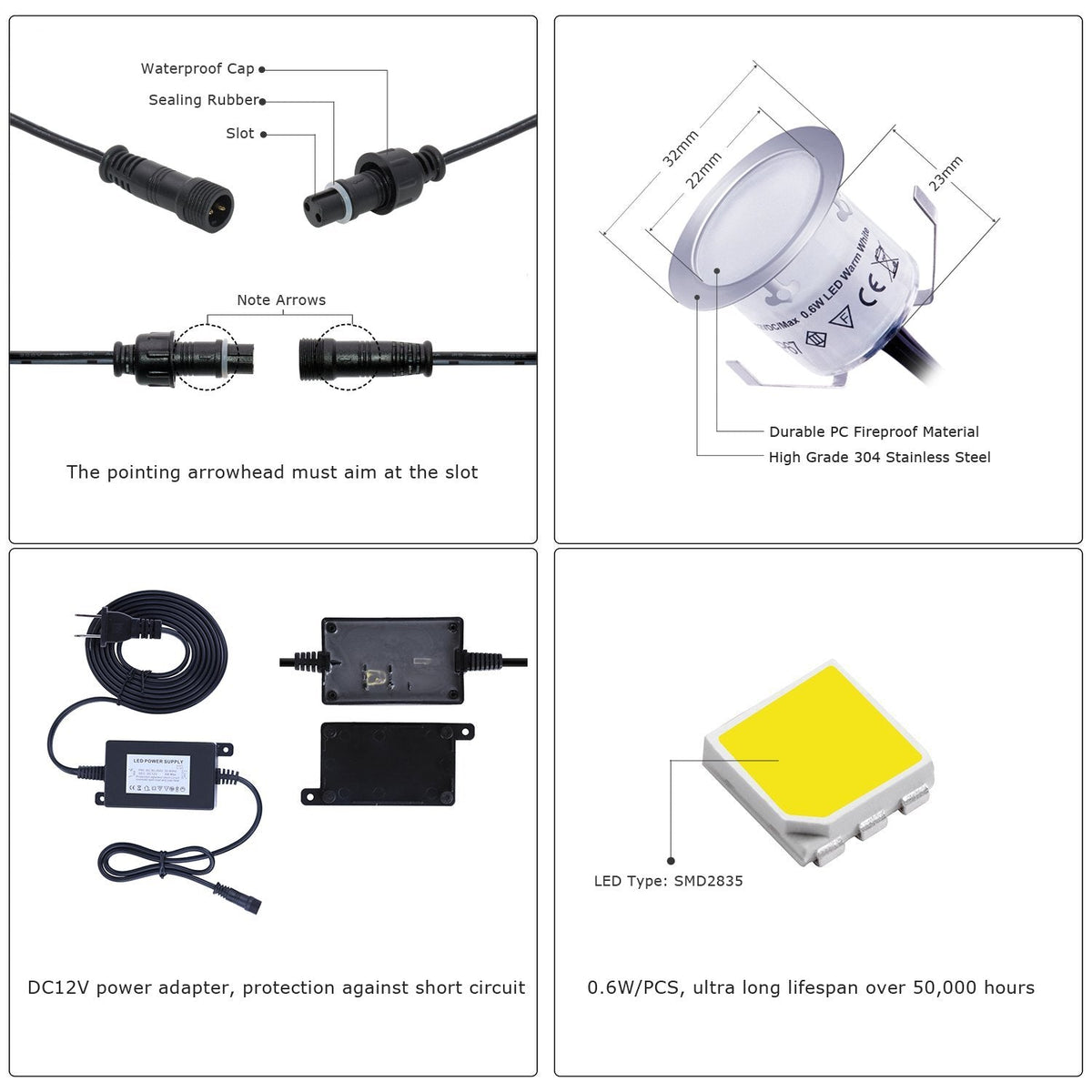 LED Deck Lights Kit 12V Low Voltage Waterproof IP67 Warm White Recessed Deck Lighting In Ground Light for Step Stair
