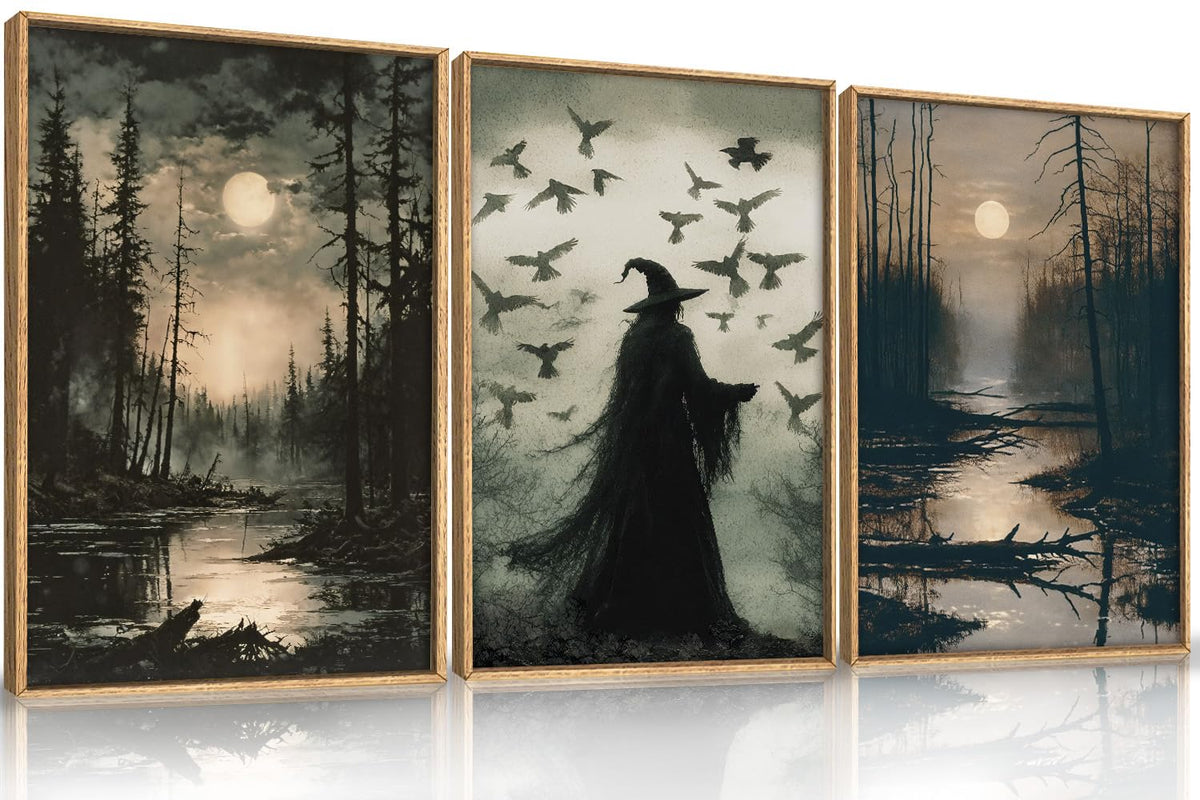 Large Halloween Decor Indoor, Witch Gothic Vintage Framed Wall Art 3pcs (24x36), Black Raven Dark Academia Pictures