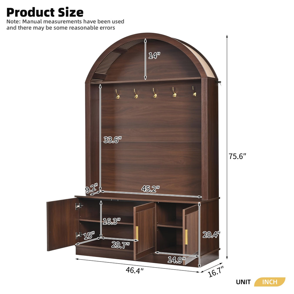 Hall Tree with Bench and Shoe Storage, Farmhouse Hall Tree with 5 Metal Hooks, Mudroom Furniture with Shelves