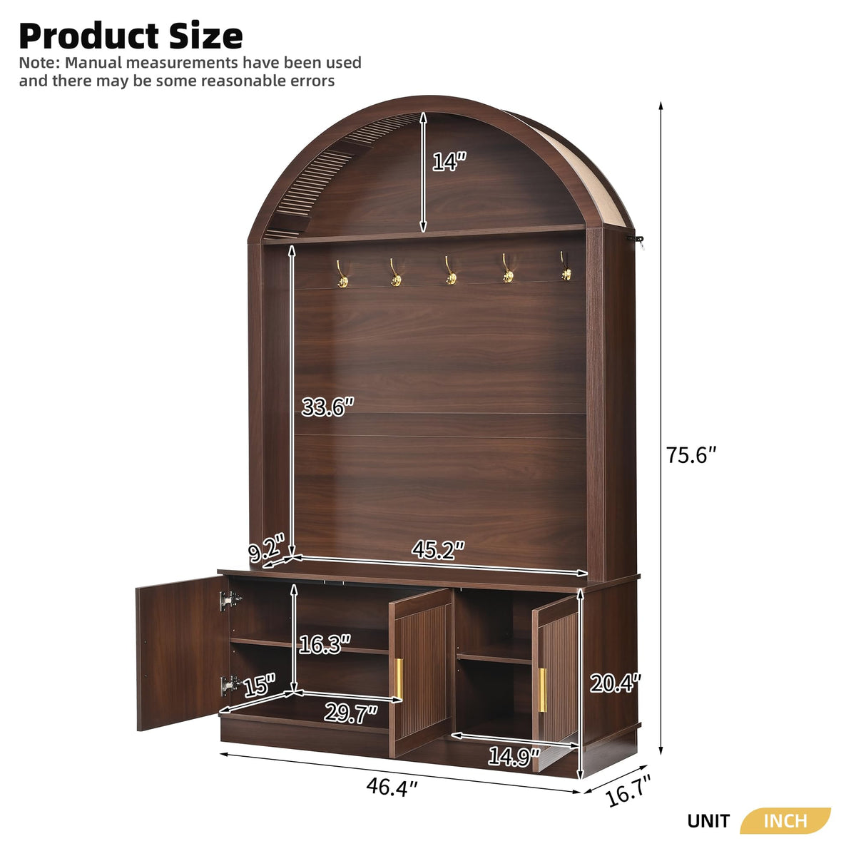 Hall Tree with Bench and Shoe Storage, Farmhouse Hall Tree with 5 Metal Hooks, Mudroom Furniture with Shelves