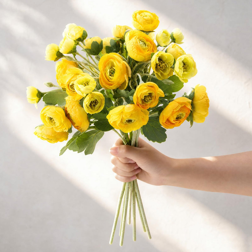 4 Pcs 7 Heads Artificial Ranunculus Flowers 18.5" Yellow Velvet Flocked Fake Ranunculus Faux Silk Flower Bouquets