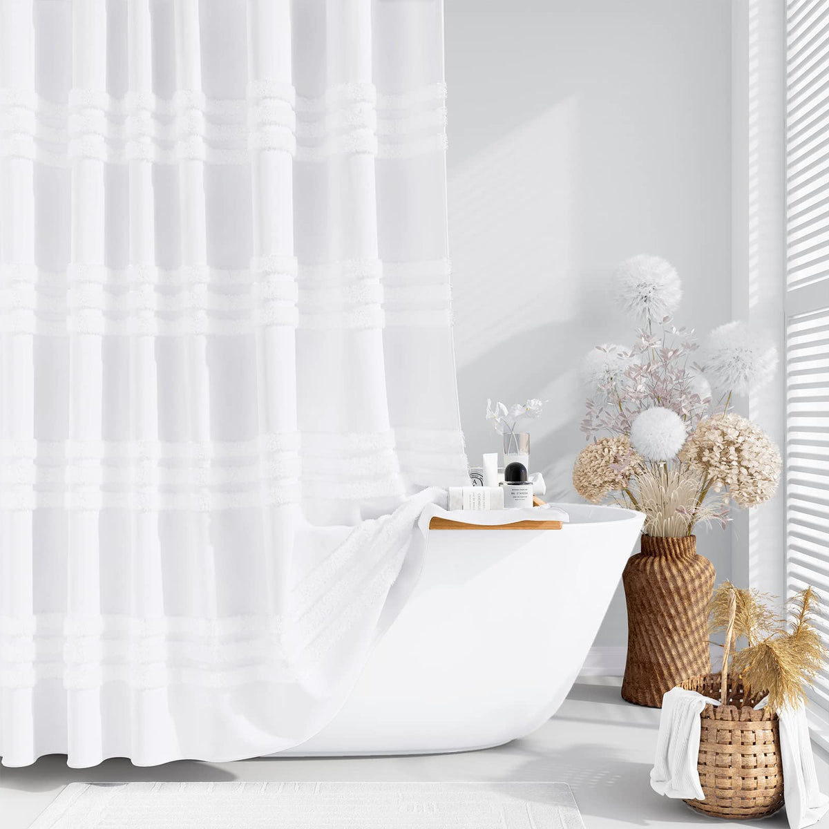 Stall Shower Curtain Chenille Striped Fabric 54"x72" White