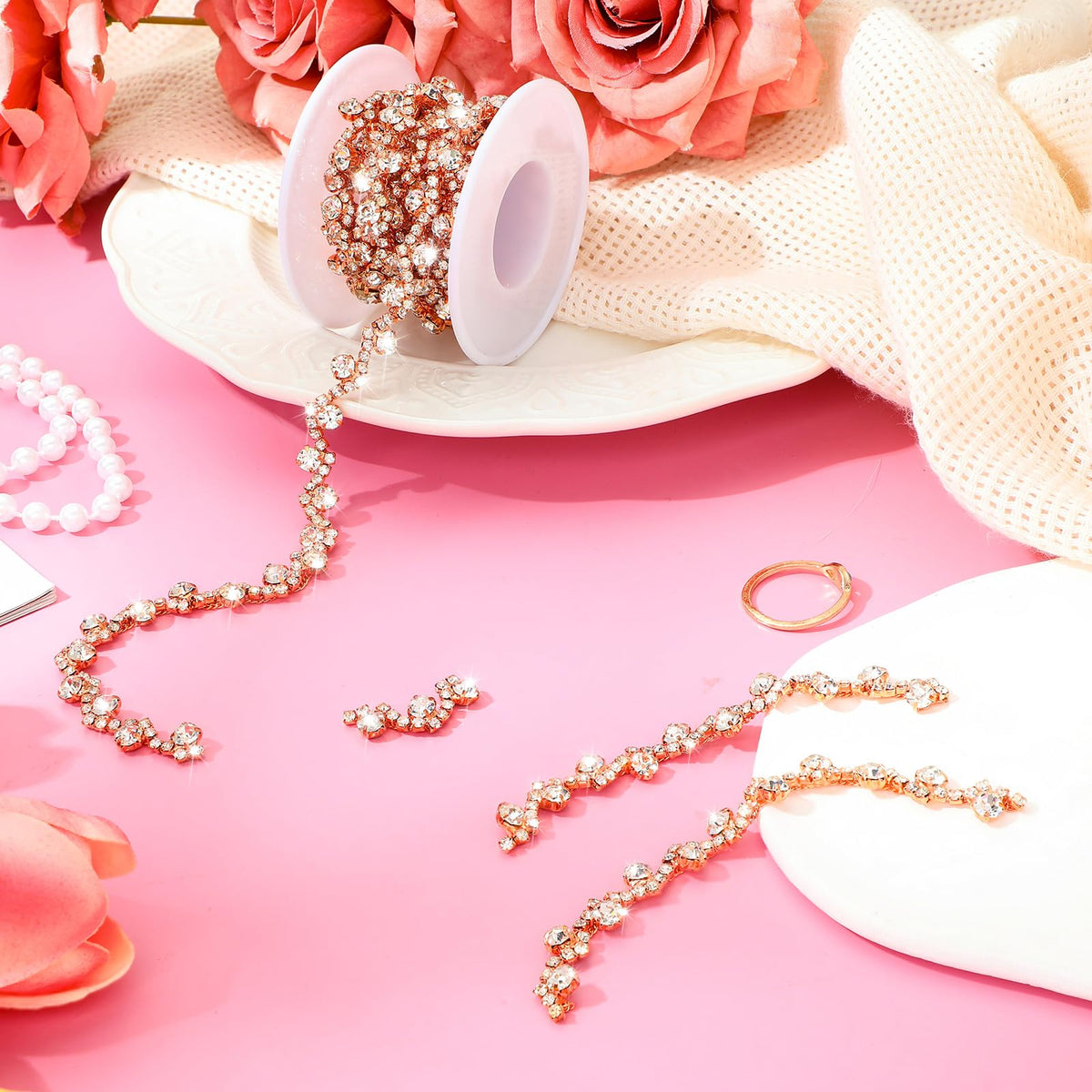 Rhinestone Trim Crystal Chain Sew on for Dress,3 Yards,Rose Gold