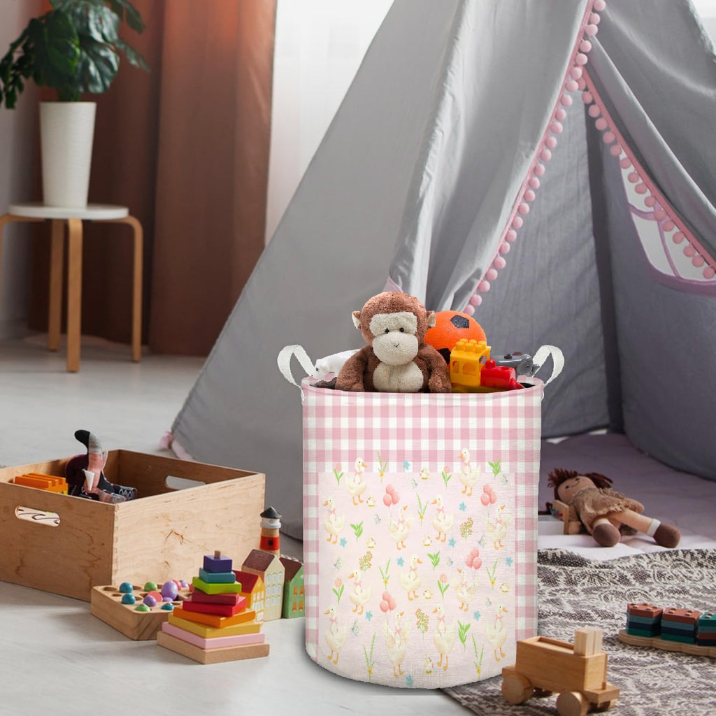 Mother Goose Girl Nursery Laundry Basket, Pink and White Checkered Cute Goose Foldable Laundry Hamper With Handles