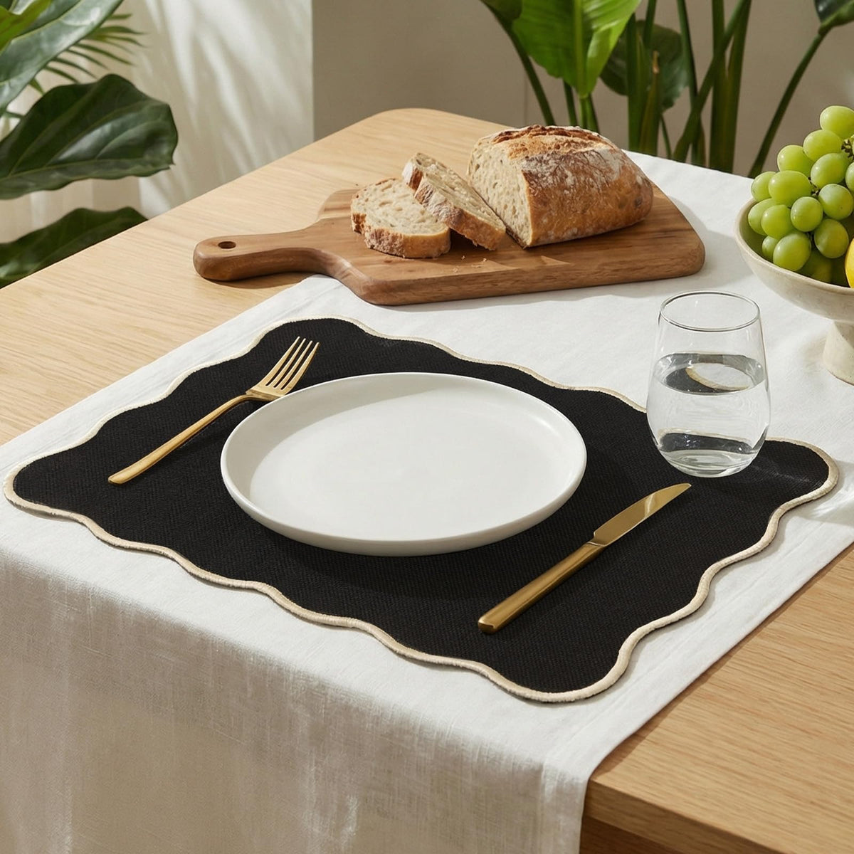 Faux Linen Placemats Set of 4 Scalloped Washable Heat Resistant Non-Slip Stain Proof Table Mats Dining Elegant Decor