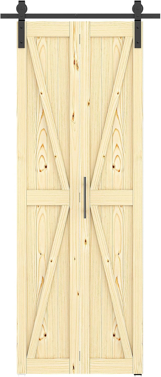 30in x 84in Bifold Barn Door with Hardware Kit, Unfinished Solid Pine Wood Folding Closet Door for Bedroom or Wardrobe