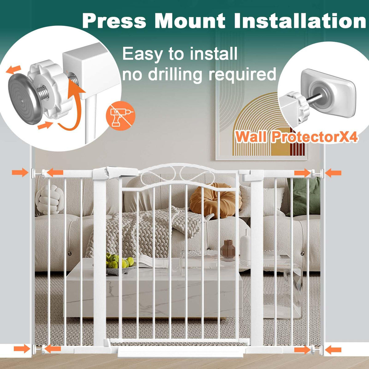 29.5"-48.8" Extra Wide Baby Gate for Stairs, Pressure Mounted Metal Long Dog Gates Indoor Doorways Walk Thru No Drill
