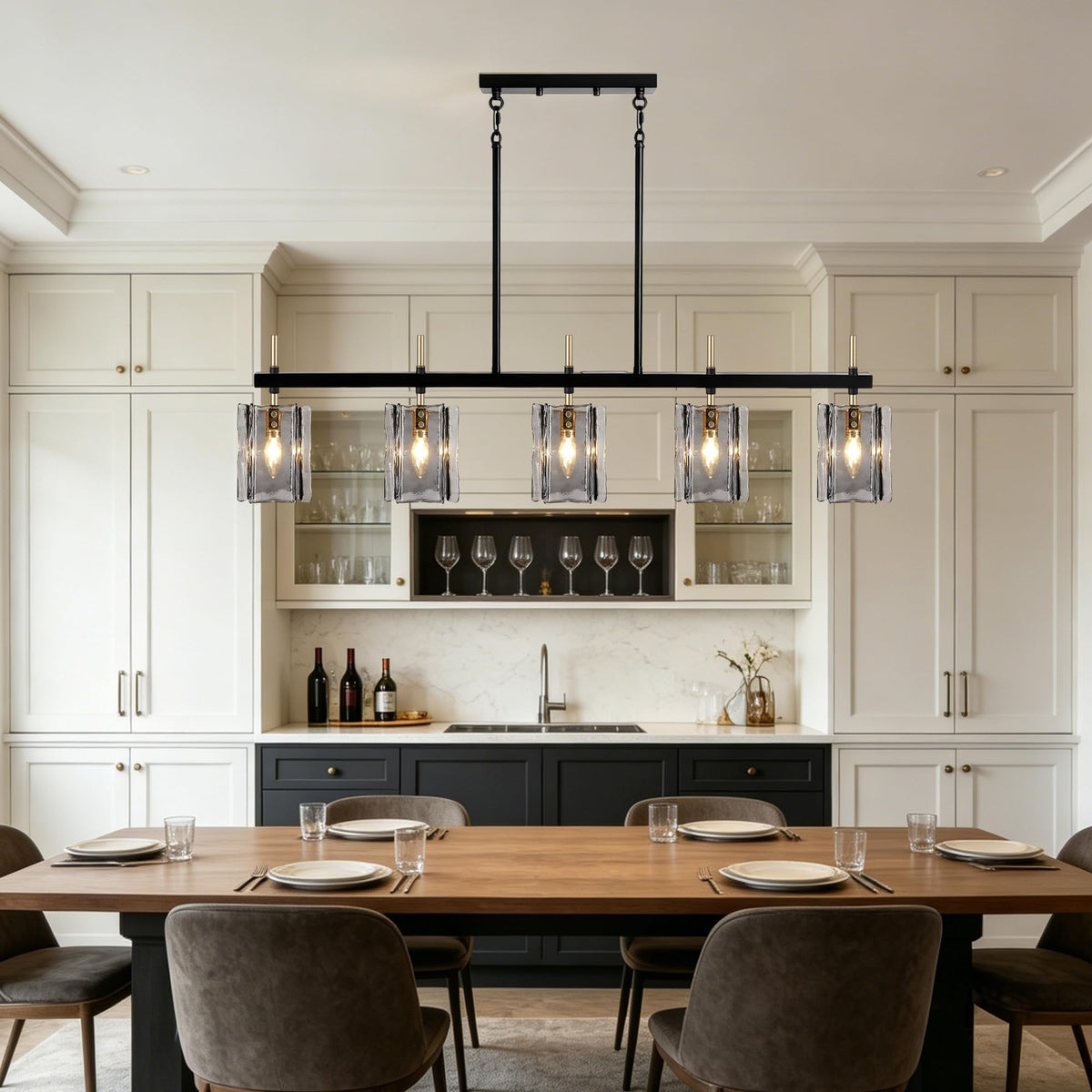 Rectangular Dining Room Light Fixture, 42" L Black and Gold Glass Linear Chandeliers Over Table, Farmhouse