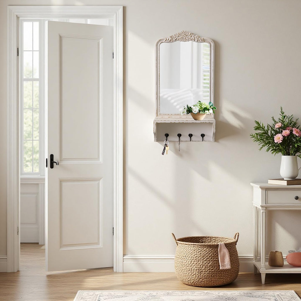Vintage Mirror with Shelf and 4 Hooks 30 X 16 Inch