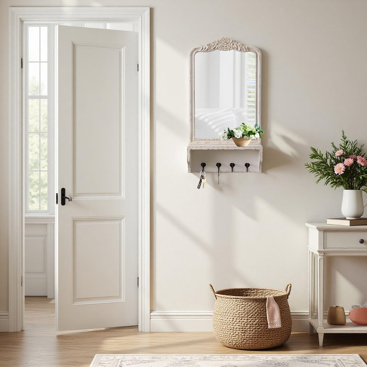 Vintage Mirror with Shelf and 4 Hooks 30 X 16 Inch