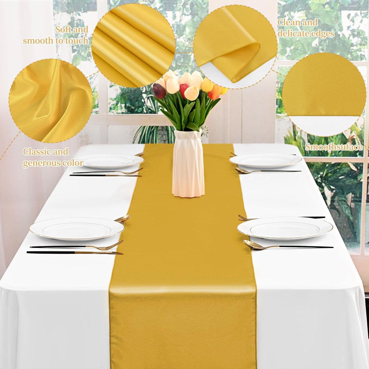 12 Pack Gold Satin Table Runner 12 x 108 Inch Long Premium Table Runners, for Wedding Party Events Decoration