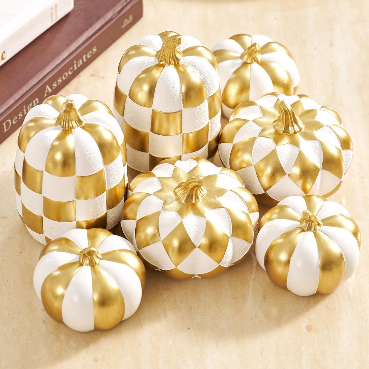 7PCS Fall Pumpkin Decor, Checkered Pumpkin Decoration