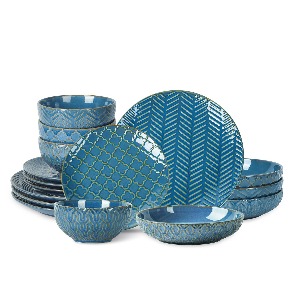 Ceramic Dinnerware Sets for 4, 16 Pieces Embossed Plates and Bowls Sets, Scratch Resistant Dish Set, Microwave, Oven