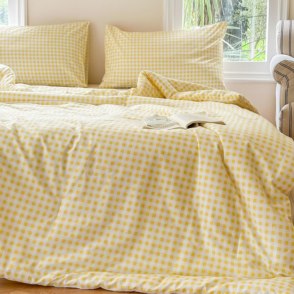 100% Cotton Yellow Gingham Plaid Comforter Set