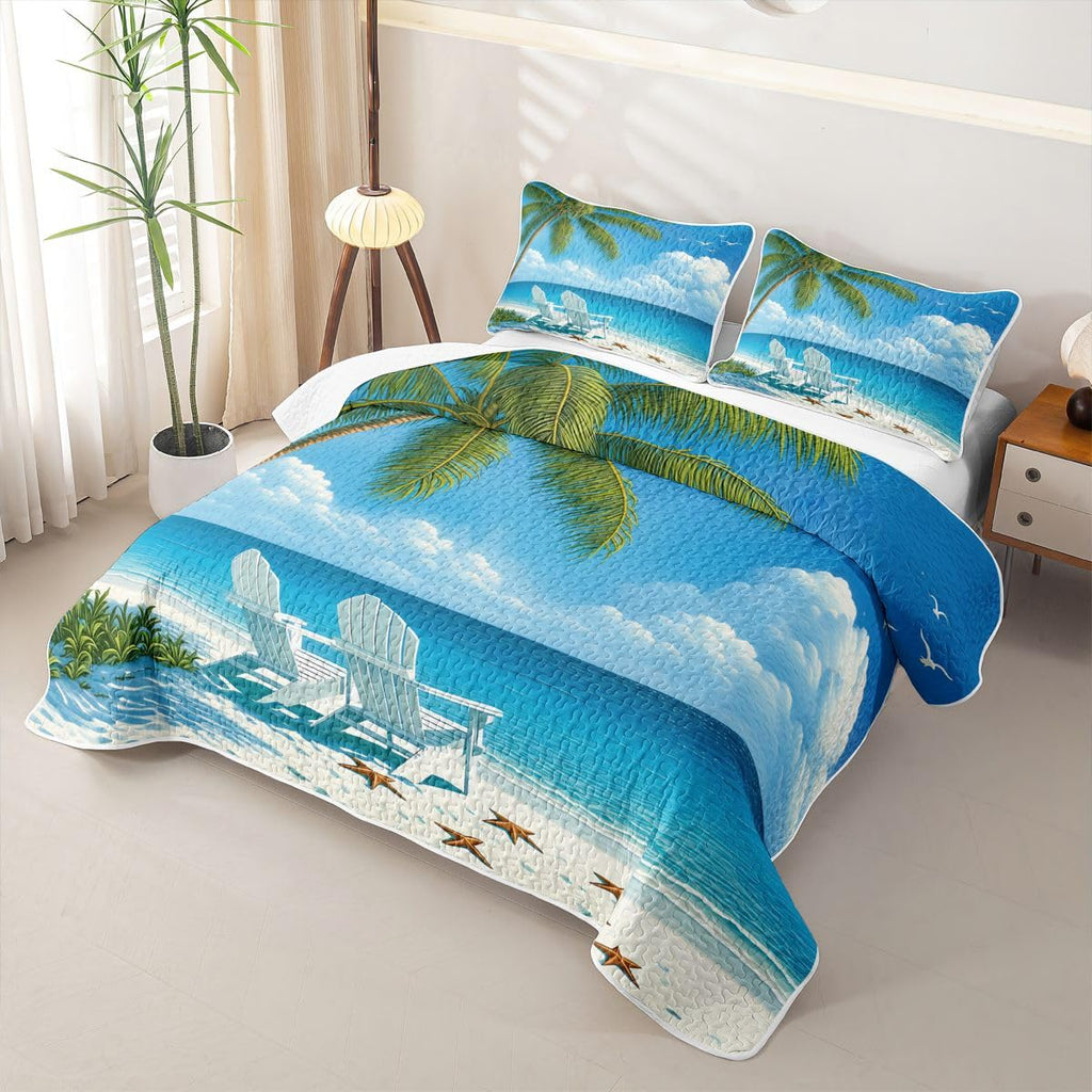Beach Quilted Bedspread, Sunny Beach Palm Tree Starfish Quilt Bedding Set 3 Pieces, Tropical Coastal Ocean