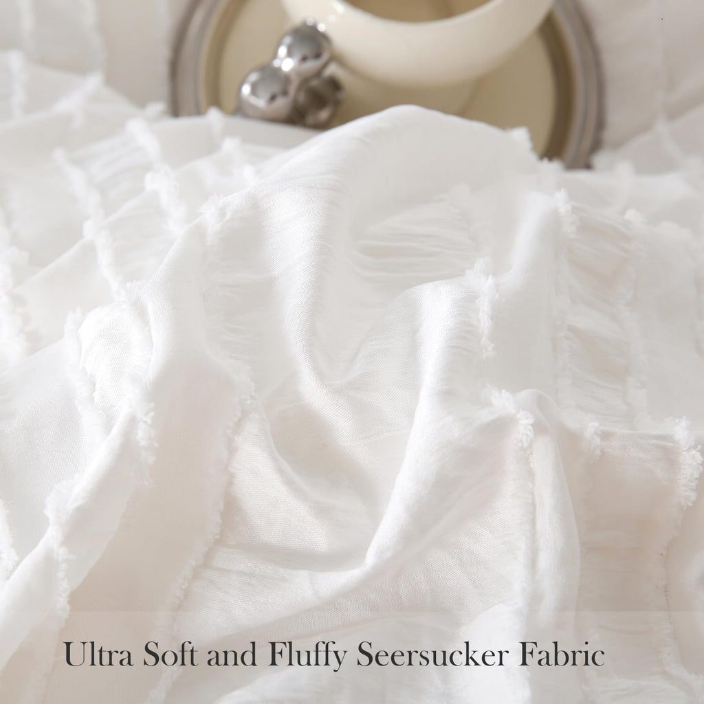 White Ruffle Comforter Set Boho Comforter Set 3 Pieces Ultra Soft Microfiber Seersucker Shabby Chic Bedding