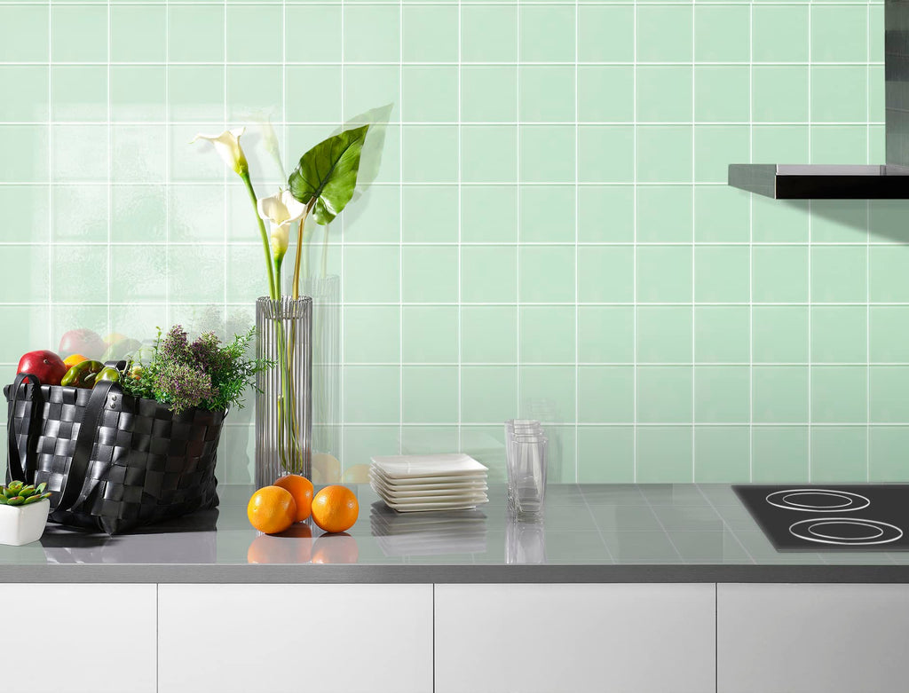 Green Peel and Stick Glass Tile, Square Mosaic Wall Tiles with Frame, Stick on Glass Backsplash (5 Sheets, 12"x12")
