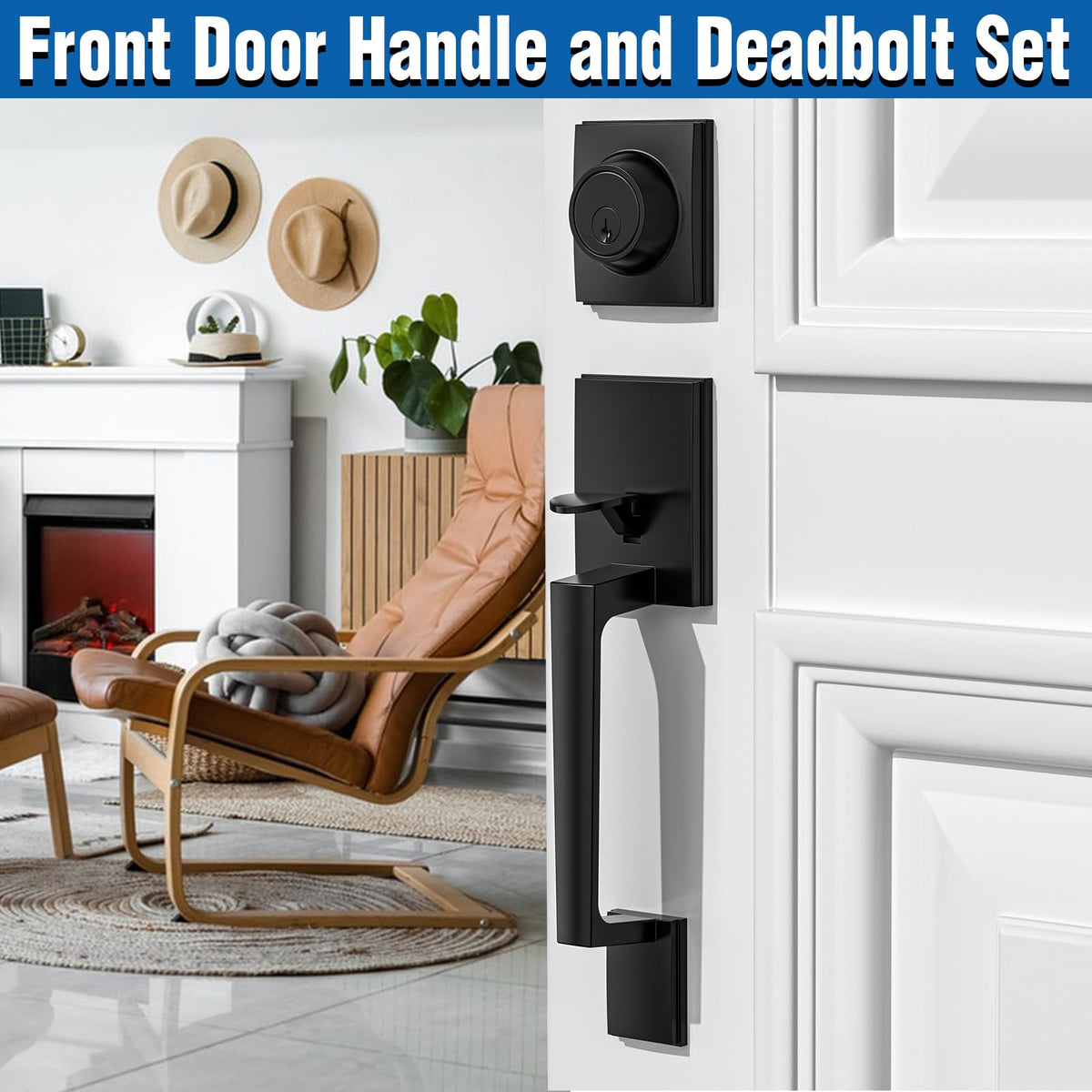 Matte Black Front Door Handle and Deadbolt Set,Exterior Front Door Lock Set